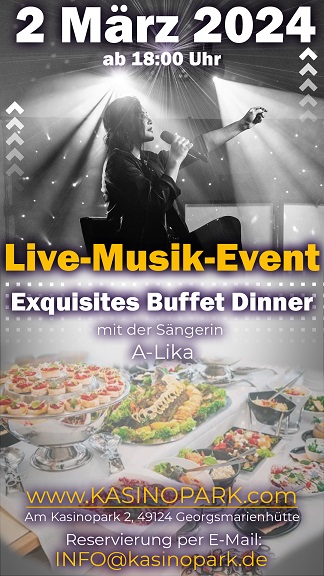 Sei Teil eines unvergesslichen Abends voller Live-Musik und köstlichem Buffet Dinner im einladenden Ambiente des Restaurant AM Kasinopark! 
